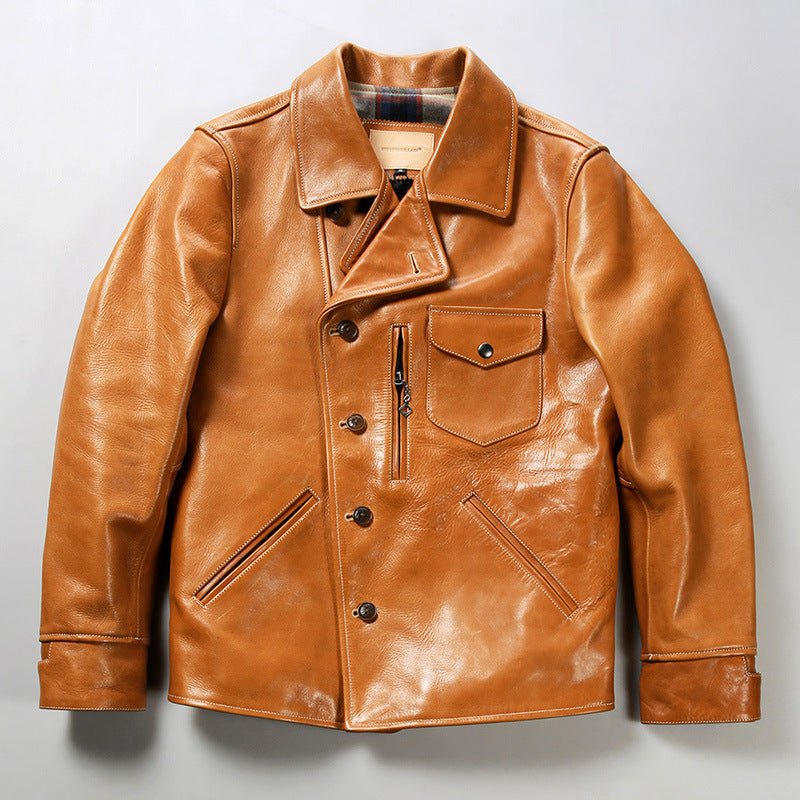 Men's Premium Bear Leather Jacket | Lapel Oil Wax Cowhide Coat