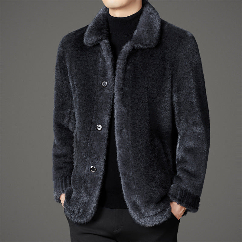 Men's Luxury Winter Golden Mink Faux Leather Wool Coat