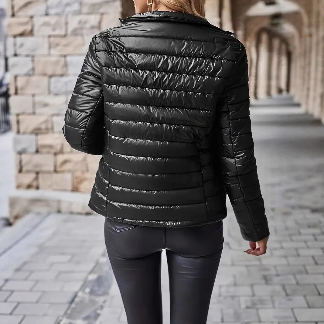Stand Collar Full-Zip Cotton Coat for Women
