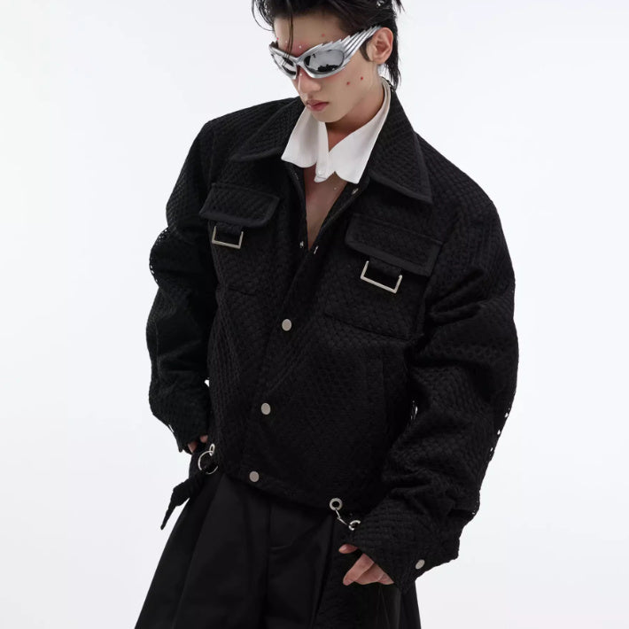 Men's Heavy Niche Grid Design Jacket | Casual Polo Collar Outerwear