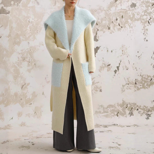 Women's Stitching Knitted Coat with Fur Collar
