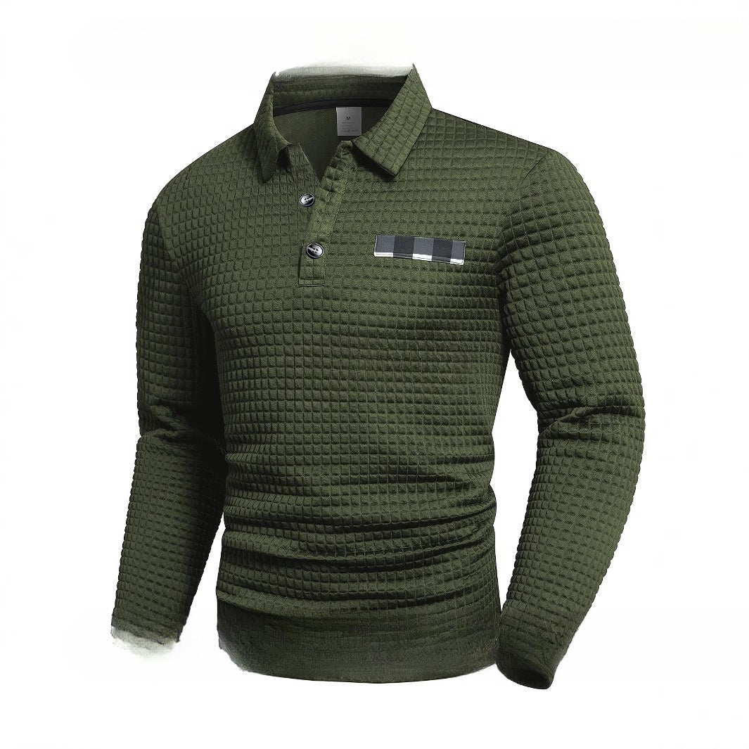 Men's Long Sleeve Waffle Polo Sweater | Casual Printed All-Match Pullover