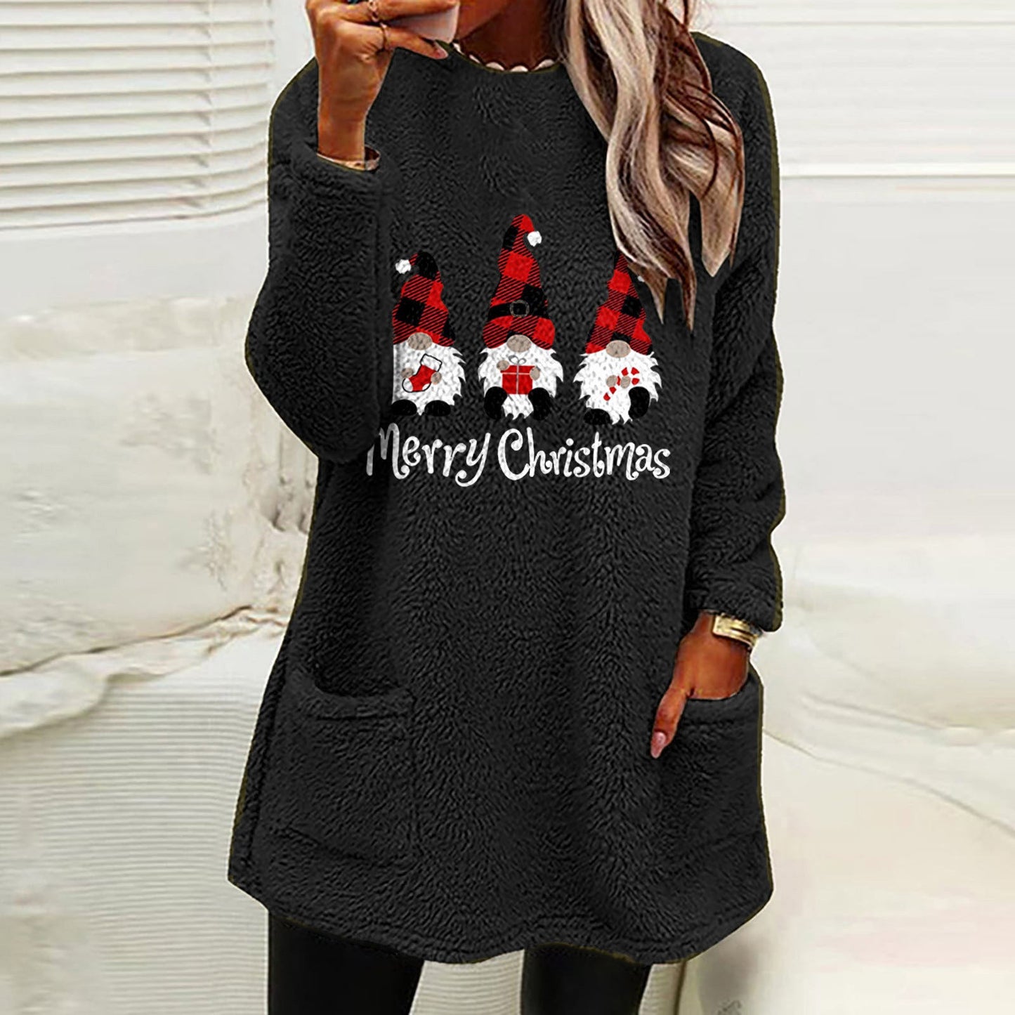 Women's Holiday Letter Graphic Long Sleeve Pocket Fleece Top