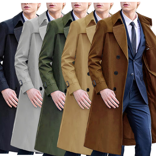 Men's Classic Solid Color Long Trench Coat | All-Weather Overcoat