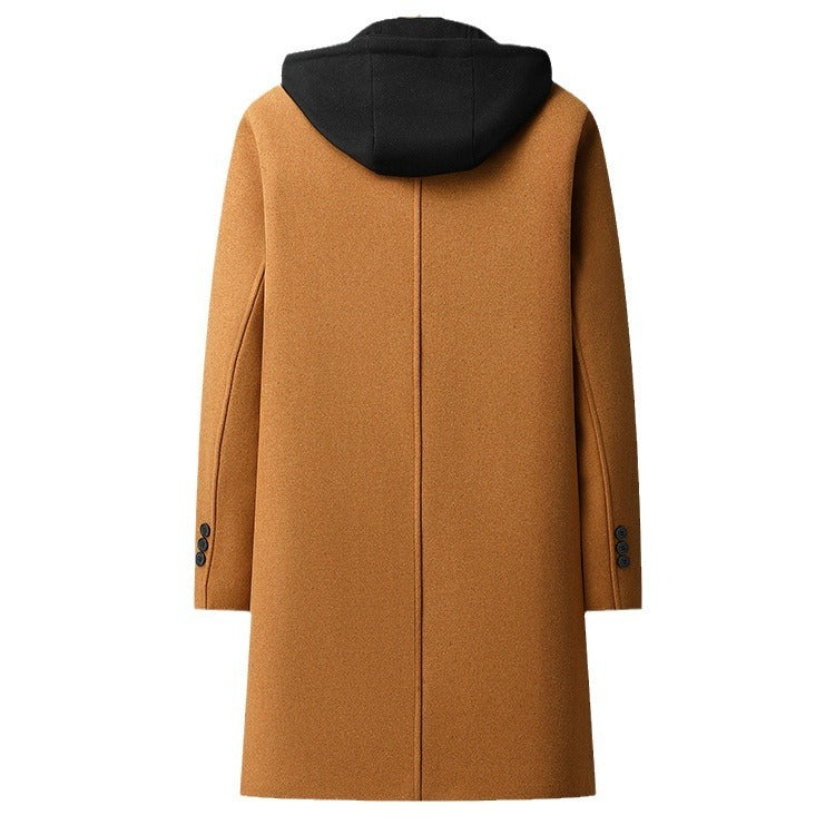 Premium Wool Blend Mid-Length Coat | Men's Detachable Hood Urban Topcoat