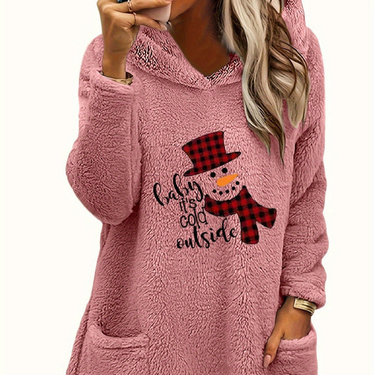 Festive Teddy Bear & Snowman Graphic Pullover Hoodie