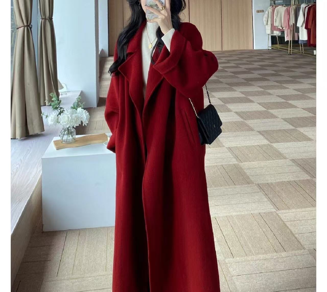 Elegant Tie-Waist Woolen Outerwear