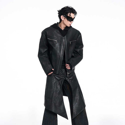 Men's Niche Design Leather Coat | V-Neck Zipper Closure Unique Jacket