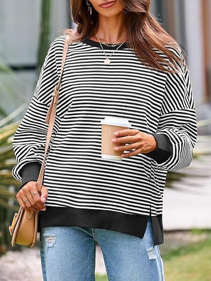 Waffle Knit Crewneck Split Pullover Sweater