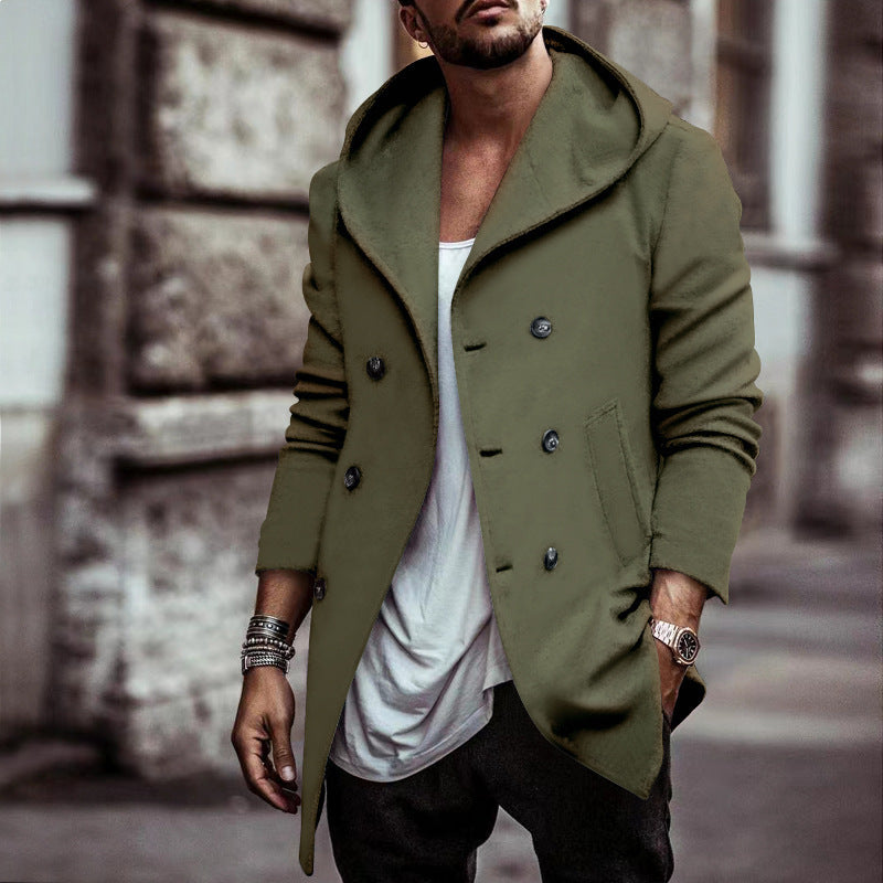 Men's Mid-Length Double-Breasted Trench Coat | Lapel Hooded Style Outerwear