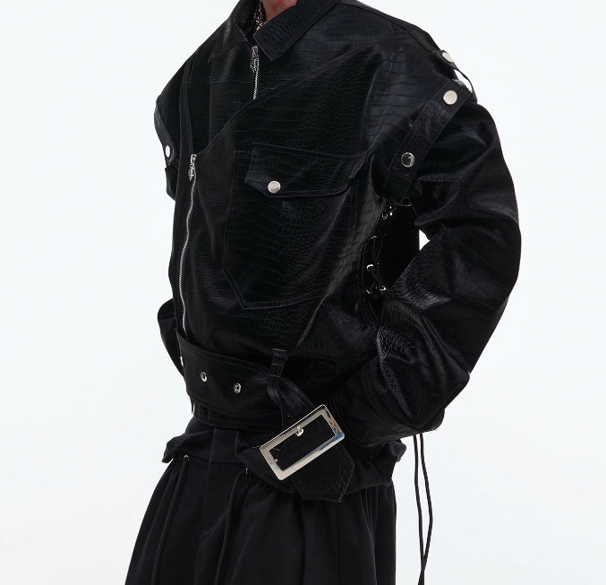 Men's Deconstruction Design Sense PU Leather Coat | Padded Shoulder Niche Jacket