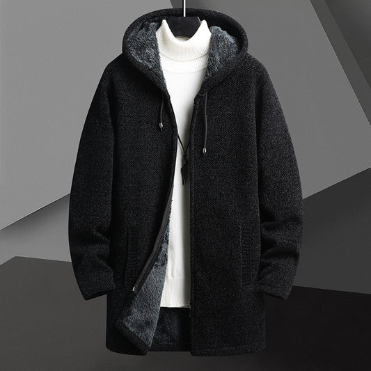 Men's Fleece-Lined Hooded Sweater Cardigan | Fall/Winter Mid-Length Zip-Up