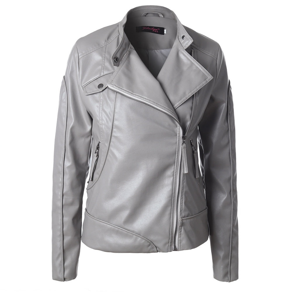 Women's Stand Collar Side Zip Leather Moto Jacket
