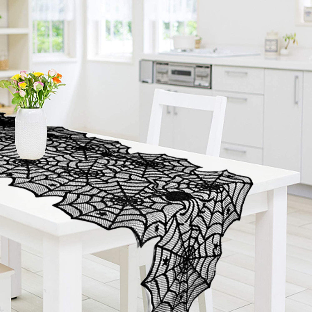 Halloween Tablecloth | Black Lace Spiderweb Table Runner & Home Decoration