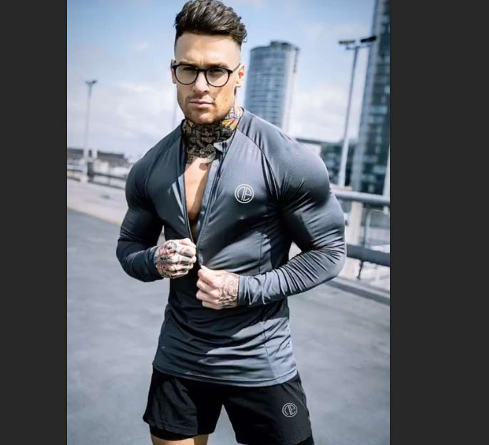 Men's Long Sleeve Zipper Neck Fitness Shirt - Black GYM Sport T-shirt