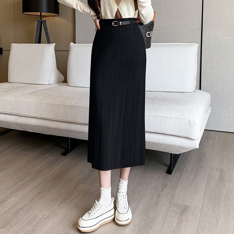 Knitted Sheath Straight Skirt with French Stripe Slit