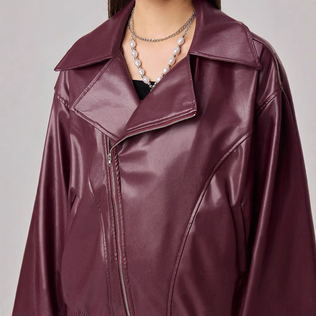 Women's Loose Fit Long Sleeve Leather Jacket