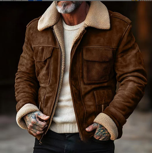 Men's Warm Lambswool Lapel Zip Jacket | Thick Winter Top Coat