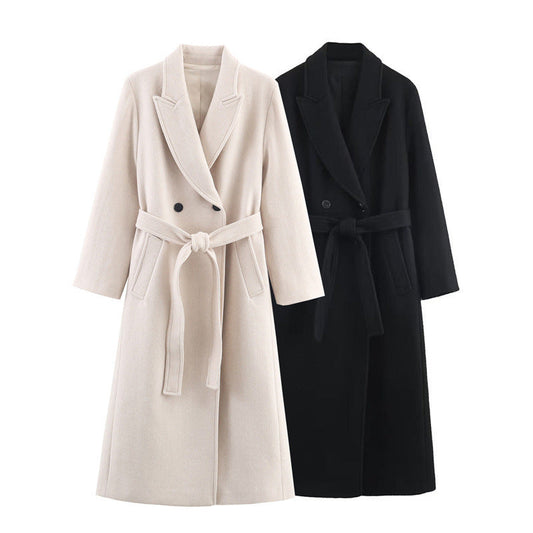 Long Belted Wool Blend Overcoat