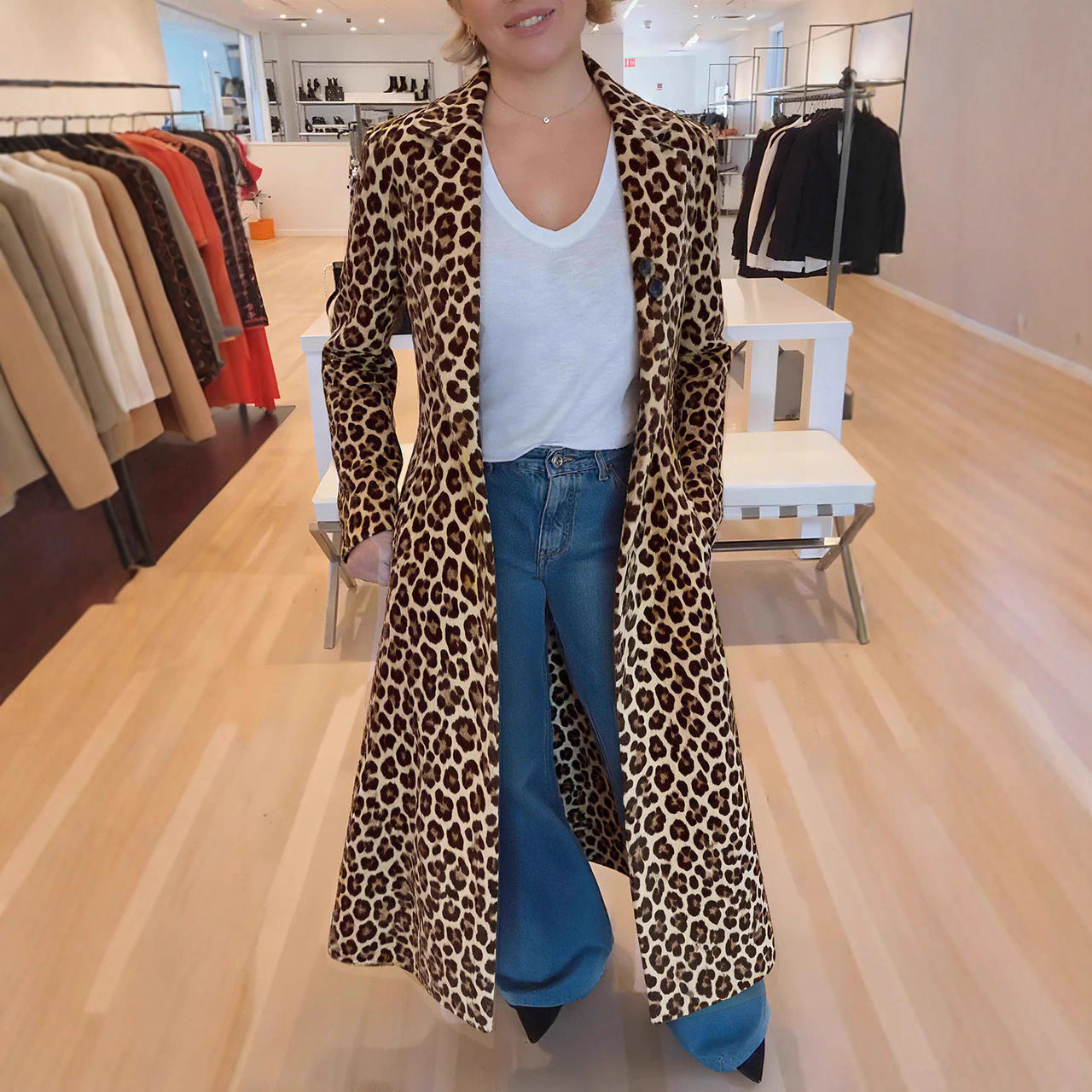 Women's Leopard Print Lapel Trench Coat