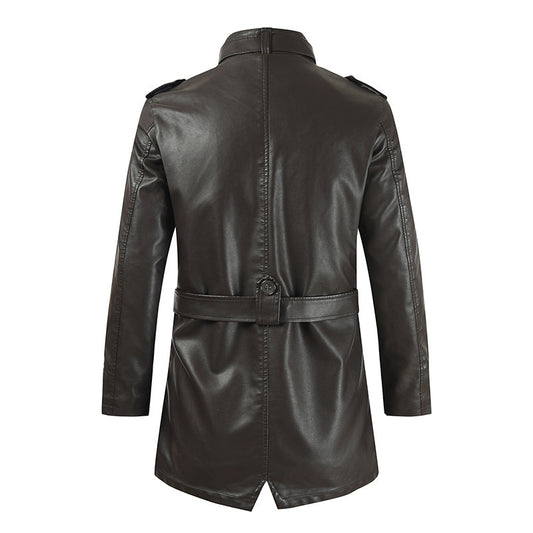 Men's Mid-Length Leather Coat | Stand Collar Fleece-Lined Thickened Winter Jacket