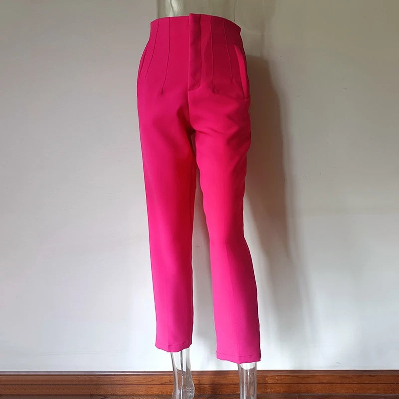 Casual Pleated High Waist Solid Color Trousers