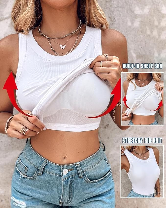 Round Neck Built-in Bra Ribbed Tank Top