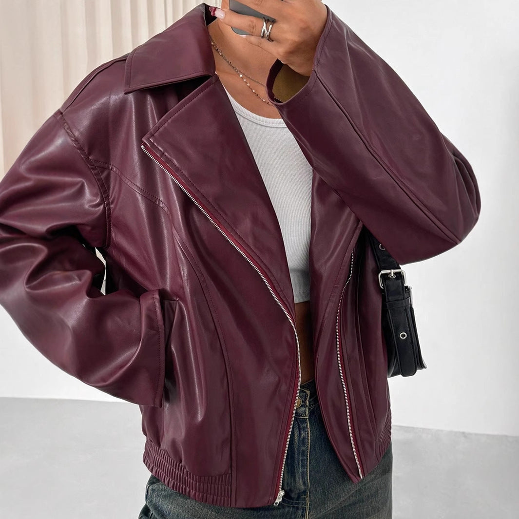 Women's Loose Fit Long Sleeve Leather Jacket