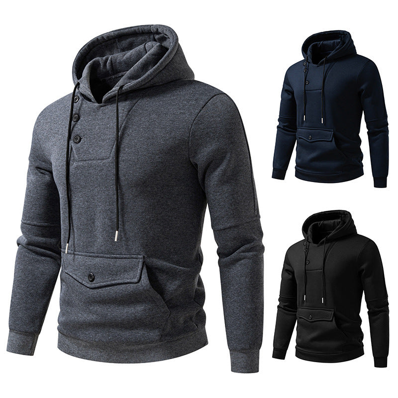 Casual Hooded Sweatshirt | Diagonal Buckle Placket Design with Large Pockets