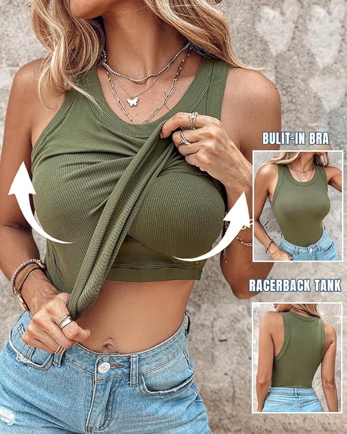 Round Neck Built-in Bra Ribbed Tank Top