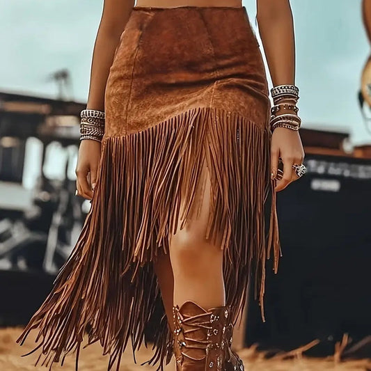 Women's Western Boho Denim Style Fringe Skirt