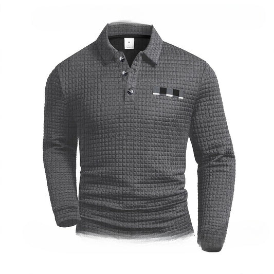 Men's Long Sleeve Waffle Polo Sweater | Casual Printed All-Match Pullover