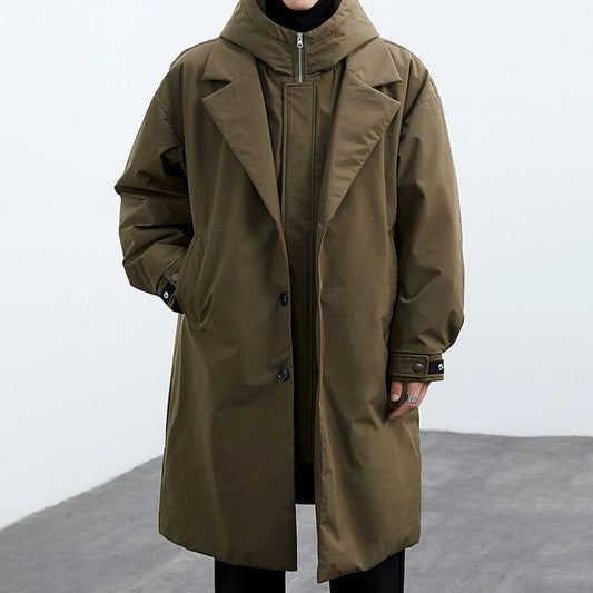 Men's Casual Mid-Length Faux Two-Piece Coat | Hooded Trench Jacket