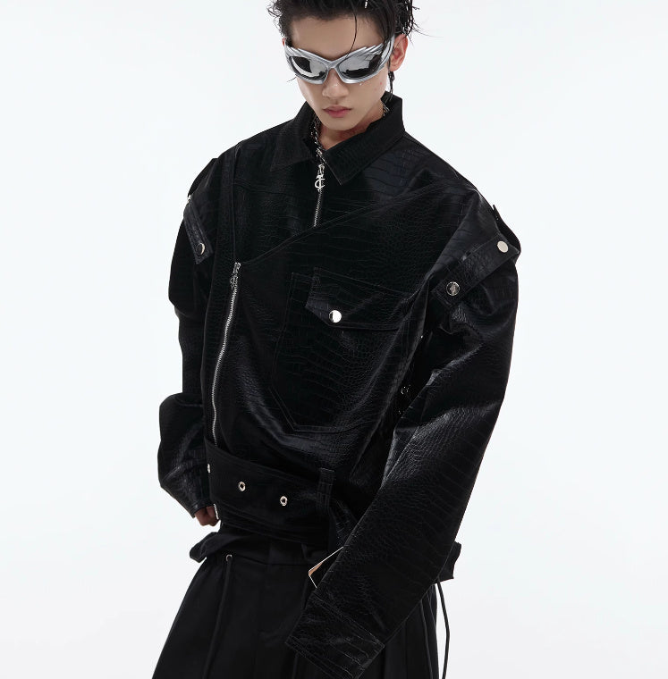 Men's Deconstruction Design Sense PU Leather Coat | Padded Shoulder Niche Jacket