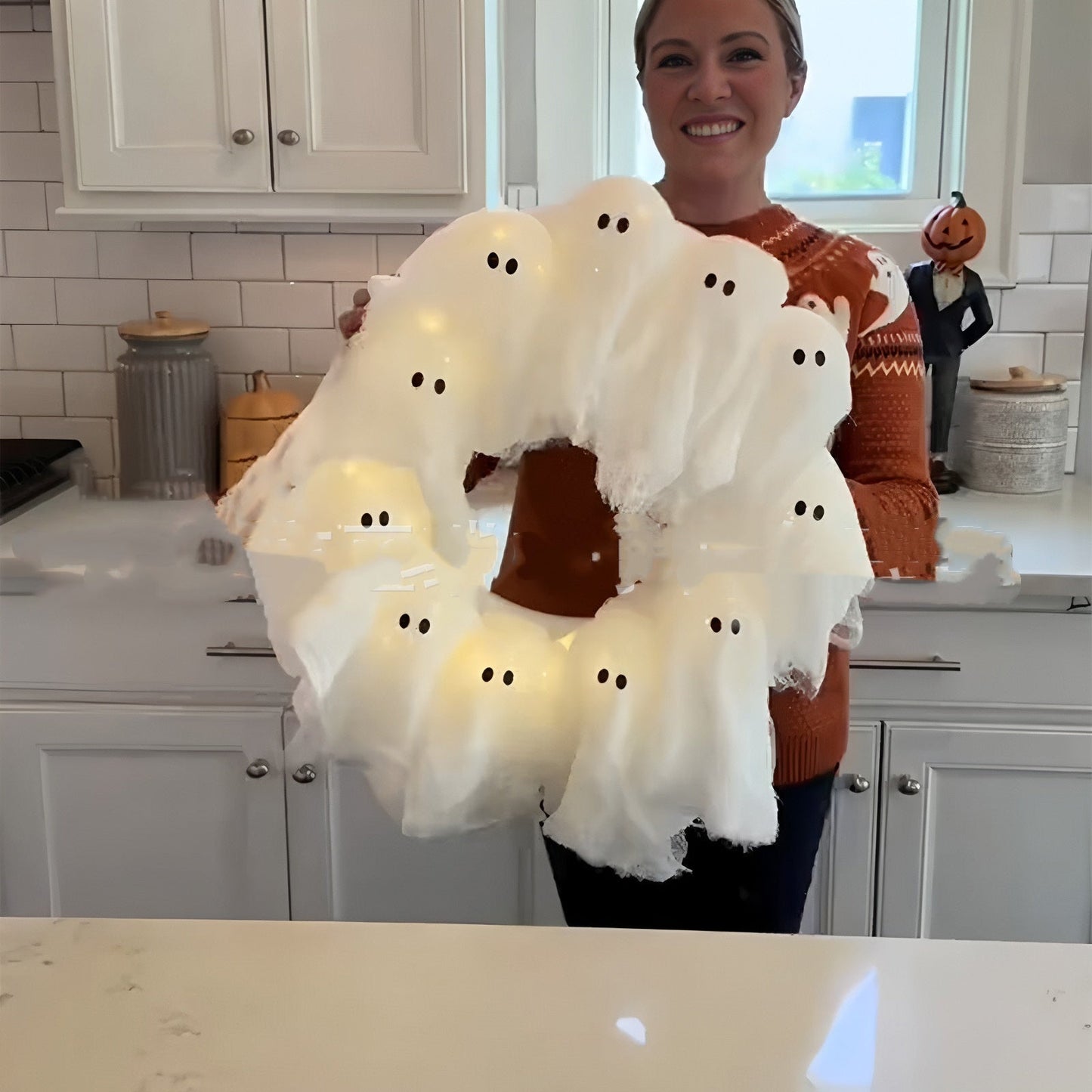Halloween Ghost Wreath | Cute Door Sign & Glowing Holiday Decoration