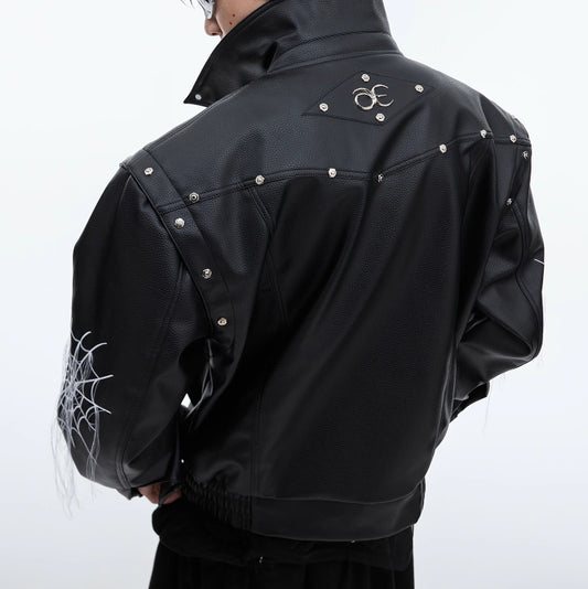 Men's Niche Spider Web Tassel Motorcycle Leather Coat | Unique Biker Jacket