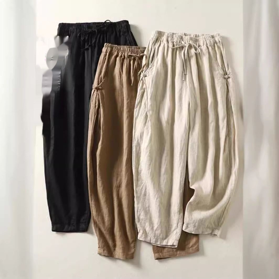 Casual Cotton Cropped Harem Pants with Buckle