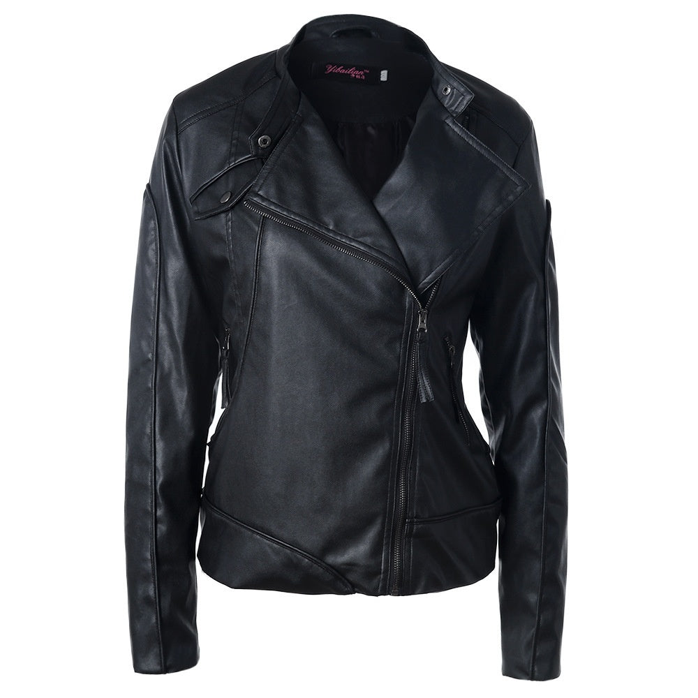 Women's Stand Collar Side Zip Leather Moto Jacket