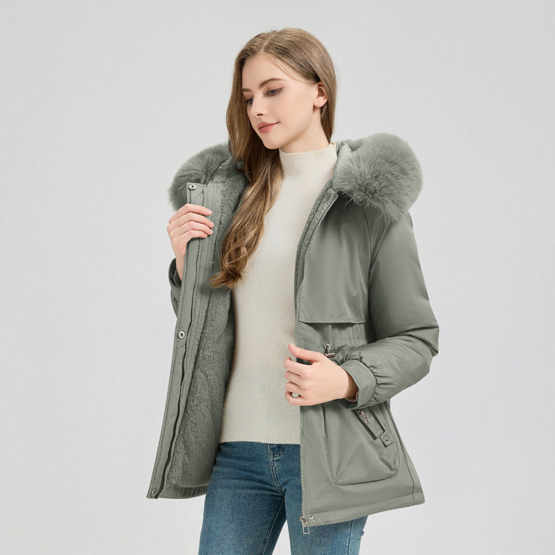 Women's Short Hooded Coat with Big Fur Collar
