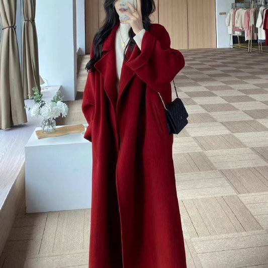 Elegant Tie-Waist Woolen Outerwear